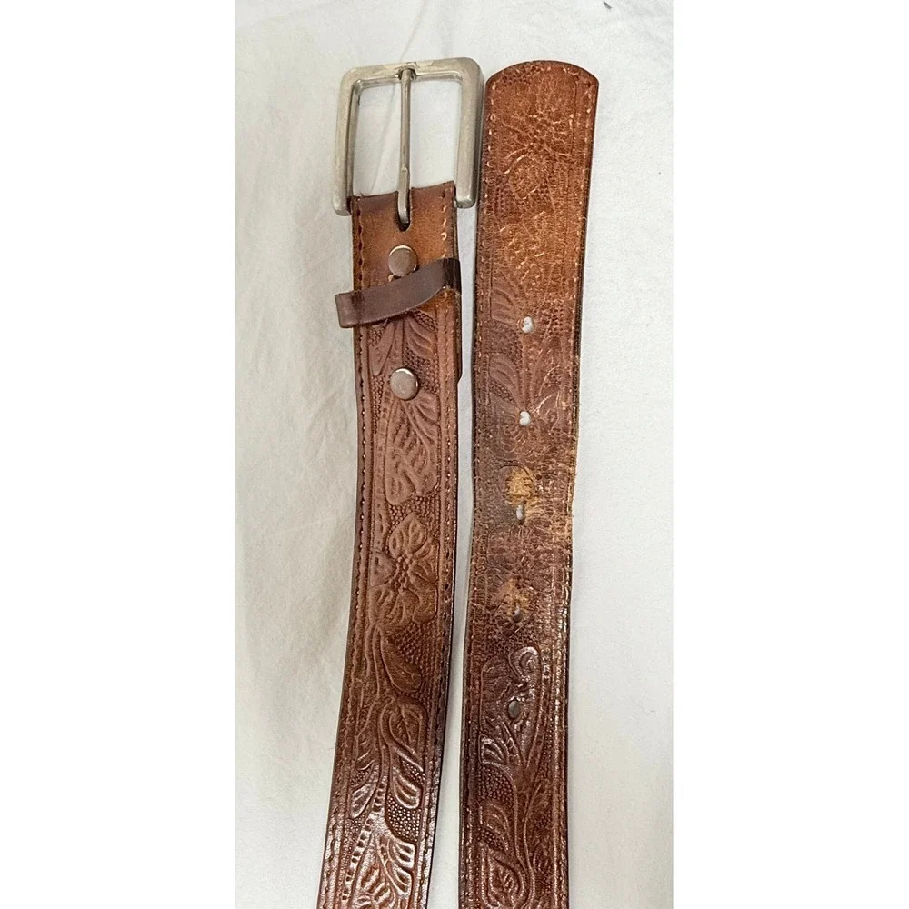 Vintage Embossed Leather Belt Brown Western Tooled Distressed Size 38